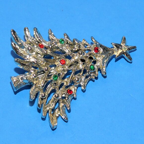 Vintage TANCER II Christmas Tree Brooch Pin Holiday Xmas Rhinestone Gold Tone - Picture 3 of 7